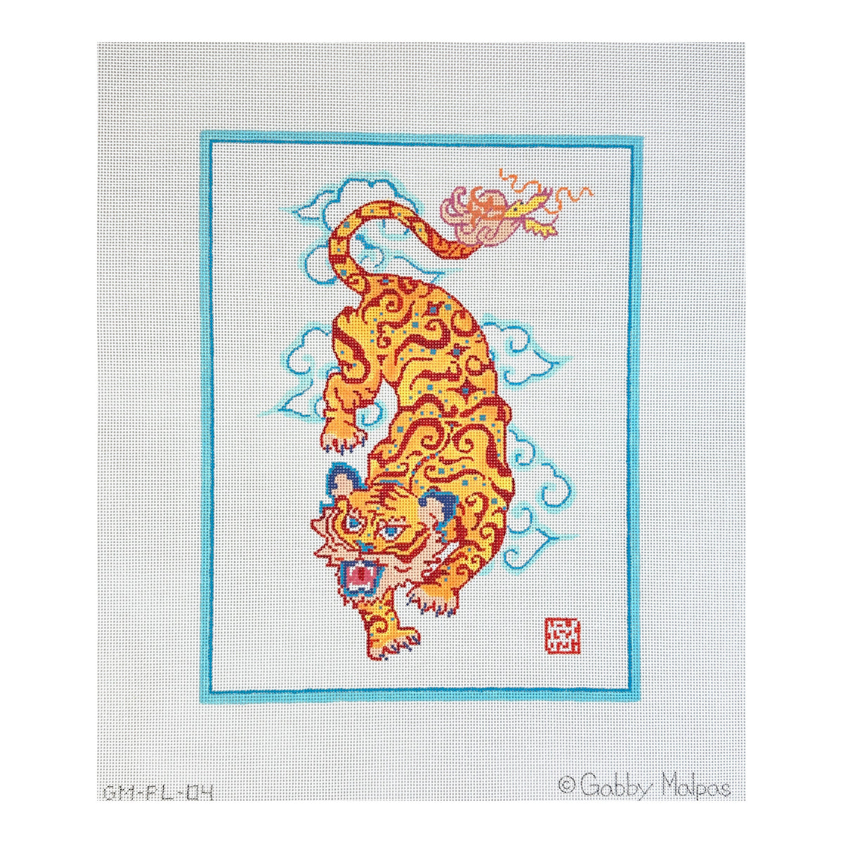 Kate Dickerson Needlepoint Collections Gabby Malpas Roaring Tiger with Stylized Clouds and Blue BorderNeedlepoint Canvas