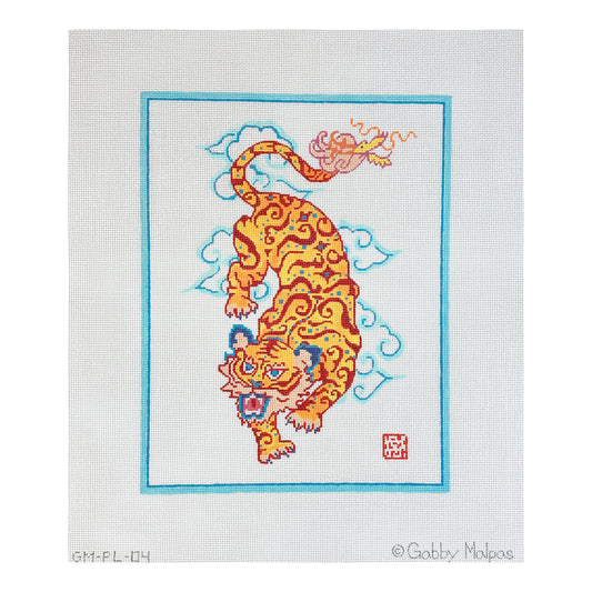 Kate Dickerson Needlepoint Collections Gabby Malpas Roaring Tiger with Stylized Clouds and Blue BorderNeedlepoint Canvas