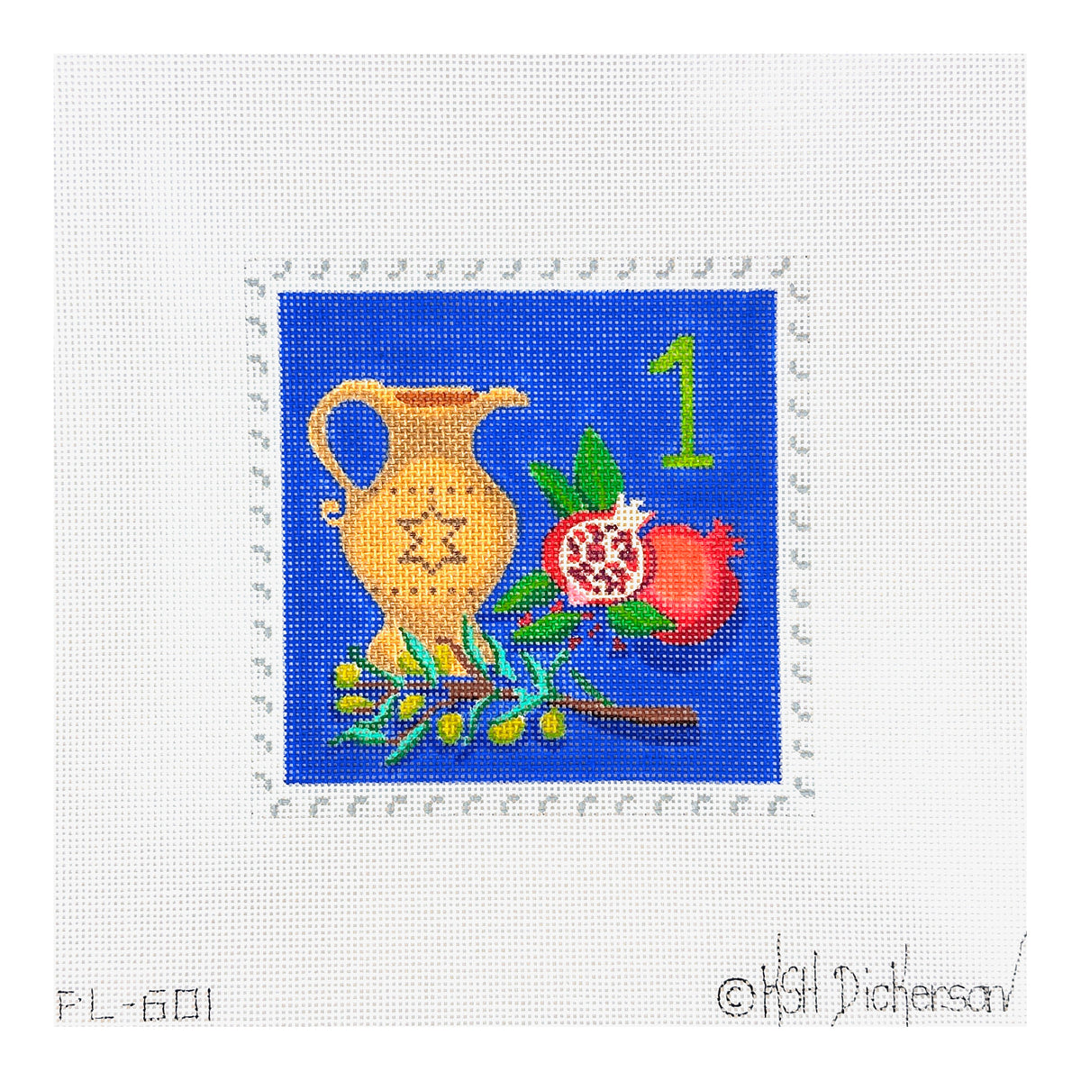 Kate Dickerson Needlepoint Collections Hanukkah Stamp #1 Pitcher, Olive Branch and Olives Needlepoint Canvas
