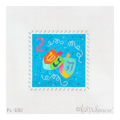 Kate Dickerson Needlepoint Collections Hanukkah Stamp #2 Dreidels with Confetti Needlepoint Canvas