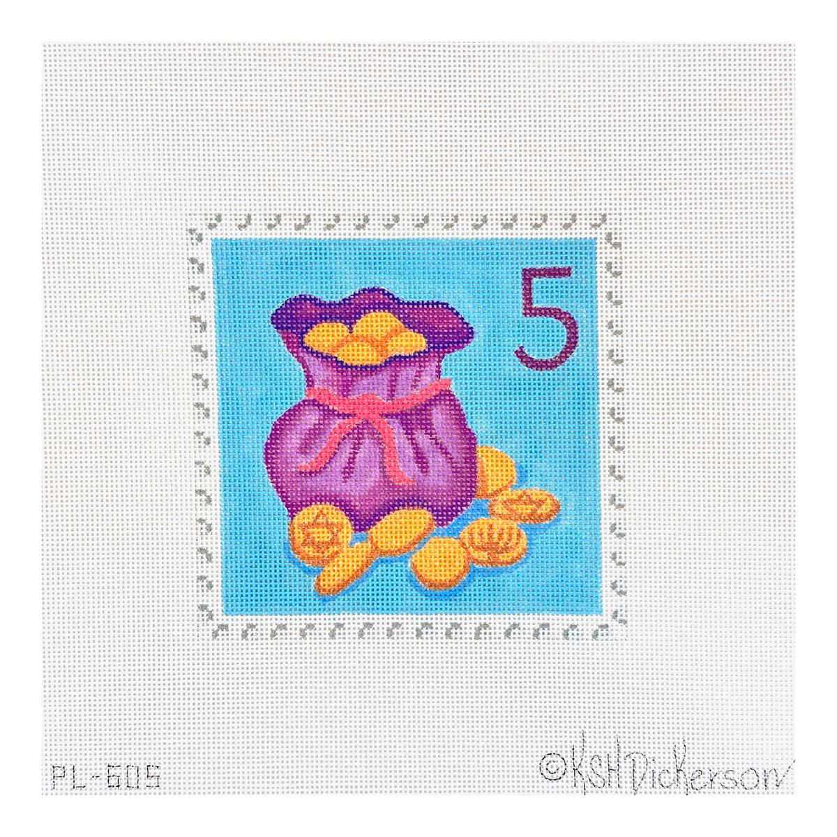 Kate Dickerson Needlepoint Collections Hanukkah Stamp #5 Bag of Gelt Needlepoint Canvas