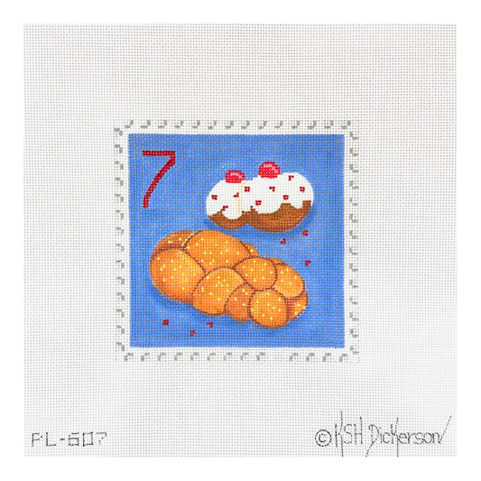 Kate Dickerson Needlepoint Collections Hanukkah Stamp #7 Hanukkah Donuts and Challah Needlepoint Canvas