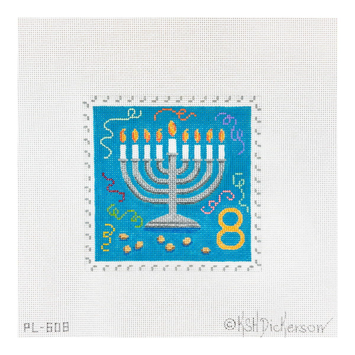 Kate Dickerson Needlepoint Collections Hanukkah Stamp #8 Menorah with Gelt Needlepoint Canvas