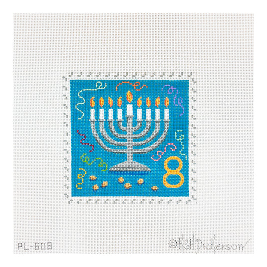 Kate Dickerson Needlepoint Collections Hanukkah Stamp #8 Menorah with Gelt Needlepoint Canvas