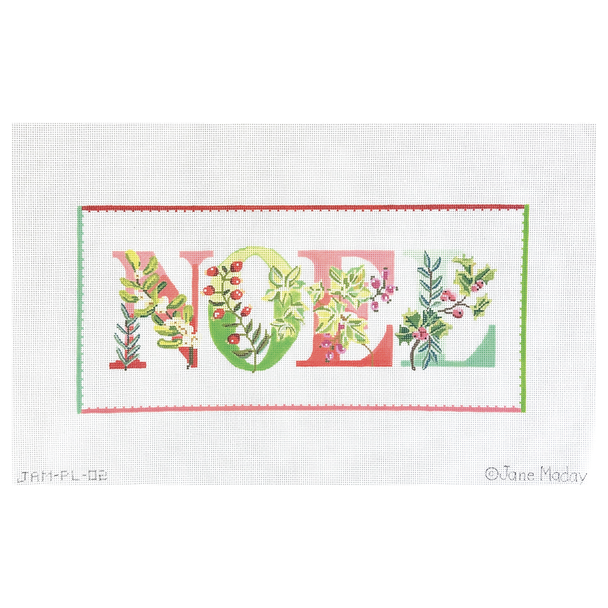 Kate Dickerson Needlepoint Collections Jane Maday Noel with Winter Greens and Berries on White Needlepoint Canvas