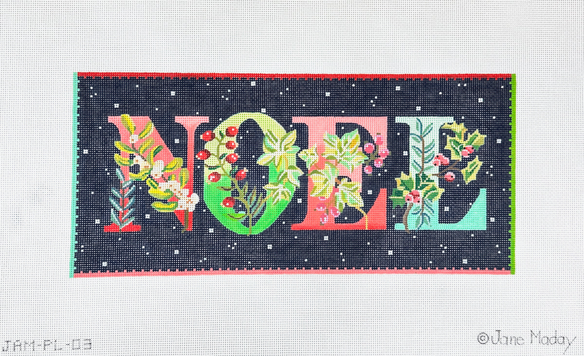 Kate Dickerson Needlepoint Collections Jane Maday Noel with Winter Greens and Berries Midnight Sky with Sparkly Snowflakes Needlepoint Canvas