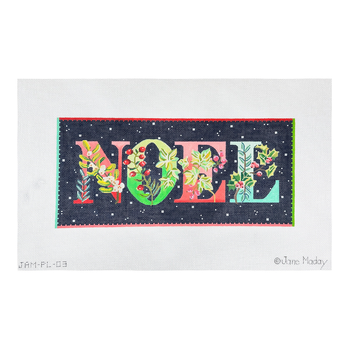 Kate Dickerson Needlepoint Collections Jane Maday Noel with Winter Greens and Berries Midnight Sky with Sparkly Snowflakes Needlepoint Canvas
