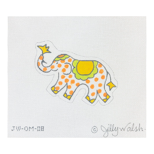 Kate Dickerson Needlepoint Collections Jilly Walsh Ornament Mini Elephant Orange Polka Dots with Yellow and Lime Needlepoint Canvas