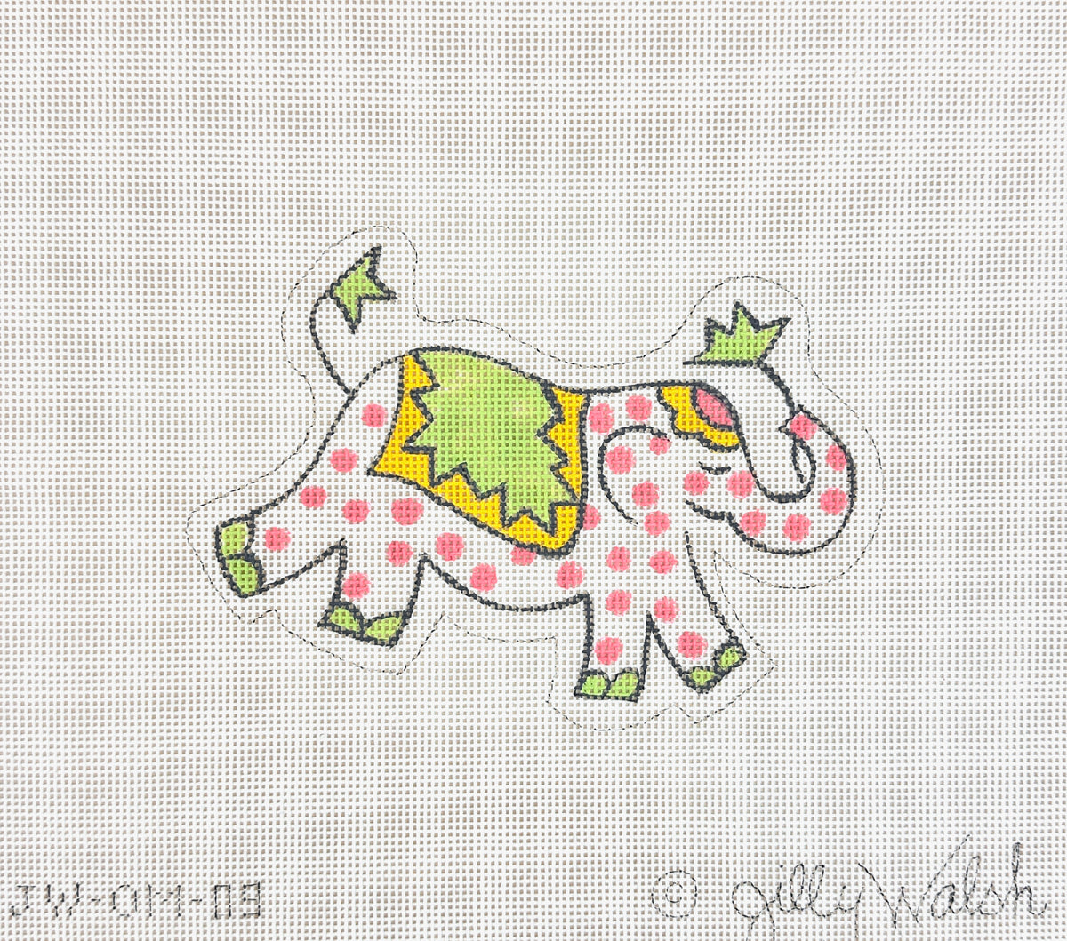 Kate Dickerson Needlepoint Collections Jilly Walsh Ornament Mini Elephant Pink Polka Dots with Green and Yellow Needlepoint Canvas