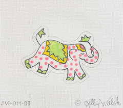 Kate Dickerson Needlepoint Collections Jilly Walsh Ornament Mini Elephant Pink Polka Dots with Green and Yellow Needlepoint Canvas