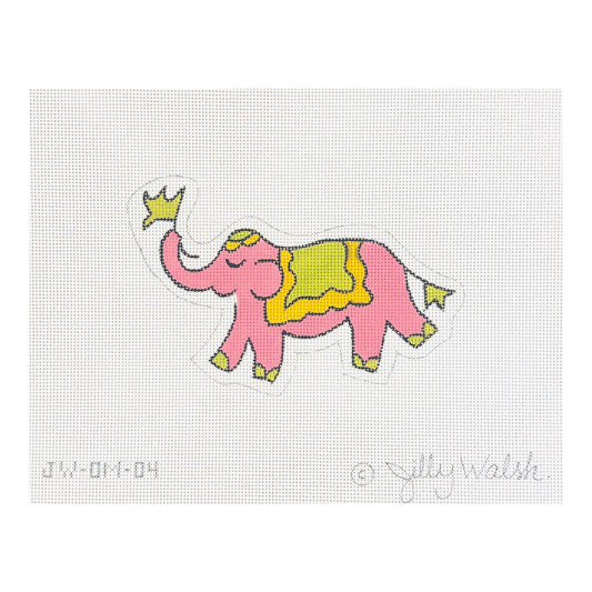 Kate Dickerson Needlepoint Collections Jilly Walsh Ornament Mini Elephant Solid Pink with Yellow and Lime Needlepoint Canvas