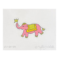 Kate Dickerson Needlepoint Collections Jilly Walsh Ornament Mini Elephant Solid Pink with Yellow and Lime Needlepoint Canvas