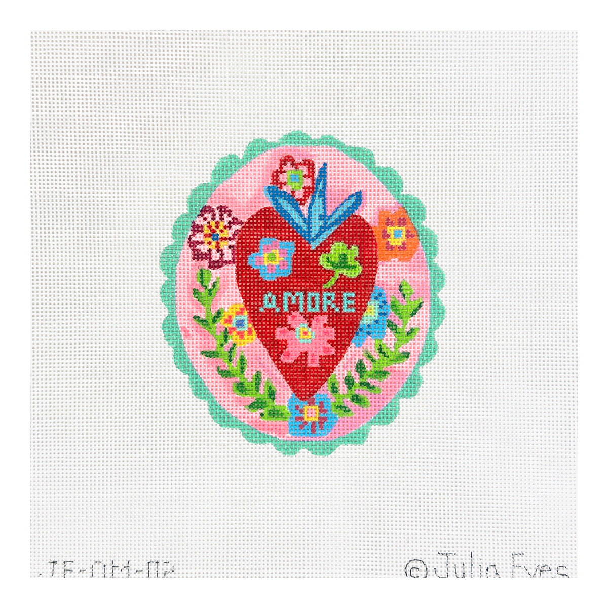 Kate Dickerson Needlepoint Collections Julia Eves Amore Red Heart with Flowers & Leaves on Pink with Sparkly Turquoise Border Needlepoint Canvas