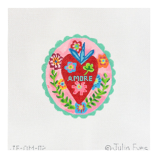 Kate Dickerson Needlepoint Collections Julia Eves Amore Red Heart with Flowers & Leaves on Pink with Sparkly Turquoise Border Needlepoint Canvas