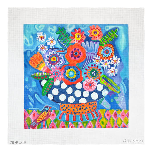 Kate Dickerson Needlepoint Collections Julia Eves Bright Flowers in Blue Vase & Bird Needlepoint Canvas
