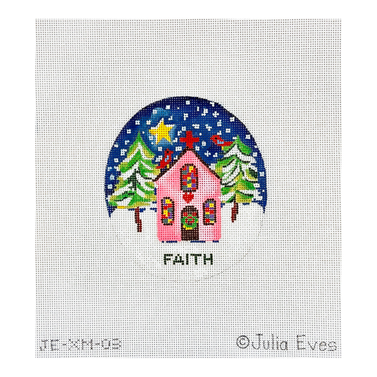 Kate Dickerson Needlepoint Collections Julia Eves Faith Pink Church with Red Bird Trees & Star Needlepoint Canvas