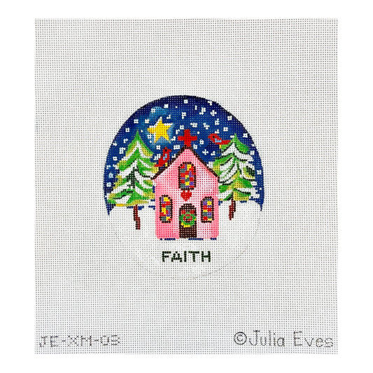 Kate Dickerson Needlepoint Collections Julia Eves Faith Pink Church with Red Bird Trees & Star Needlepoint Canvas