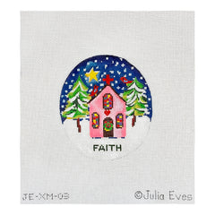 Kate Dickerson Needlepoint Collections Julia Eves Faith Pink Church with Red Bird Trees & Star Needlepoint Canvas