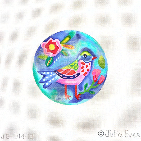 Kate Dickerson Needlepoint Collections Julia Eves Green Pink and Blue Bird with Pink Flowers Needlepoint Canvas