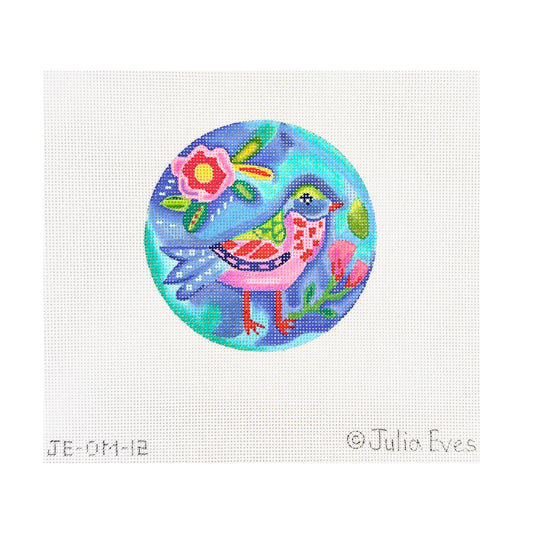 Kate Dickerson Needlepoint Collections Julia Eves Green Pink and Blue Bird with Pink Flowers Needlepoint Canvas