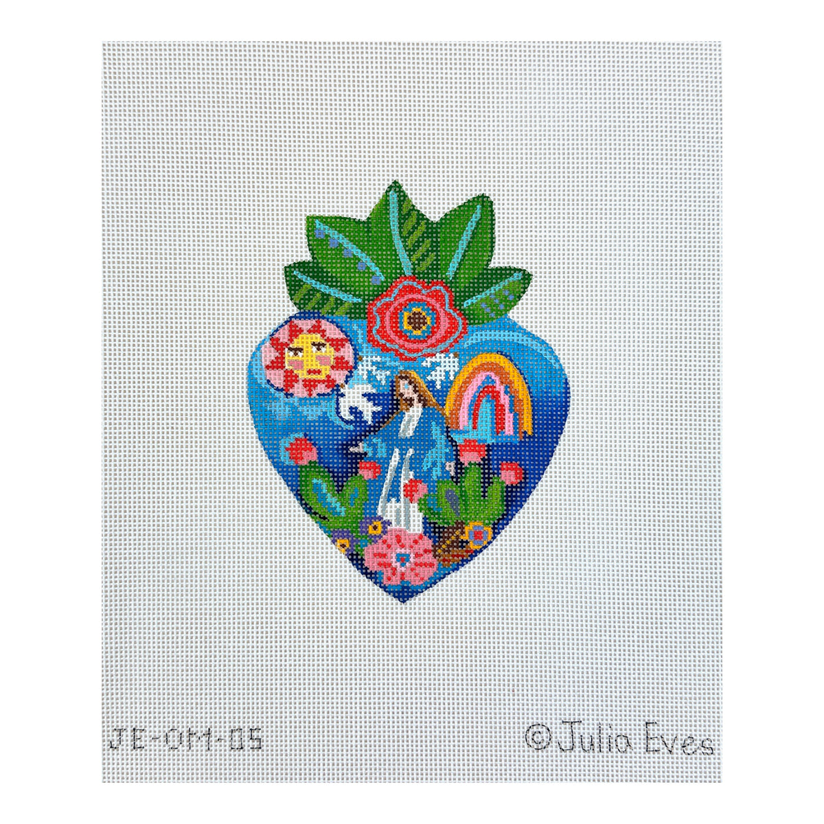 Kate Dickerson Needlepoint Collections Julia Eves Milagro Heart with Virgin Mary Flowering Cacti Rainbow Sun & Leaves Needlepoint Canvas