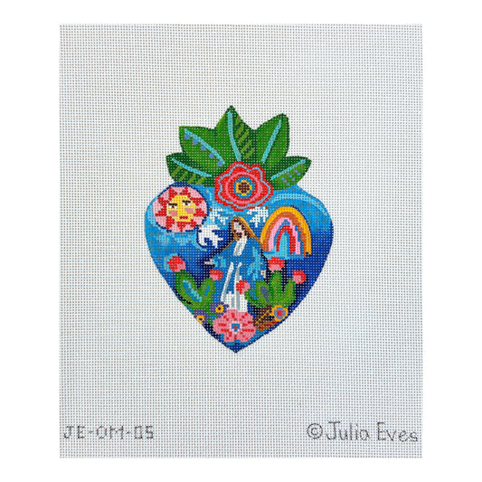 Kate Dickerson Needlepoint Collections Julia Eves Milagro Heart with Virgin Mary Flowering Cacti Rainbow Sun & Leaves Needlepoint Canvas