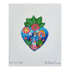 Kate Dickerson Needlepoint Collections Julia Eves Milagro Heart with Virgin Mary Flowering Cacti Rainbow Sun & Leaves Needlepoint Canvas