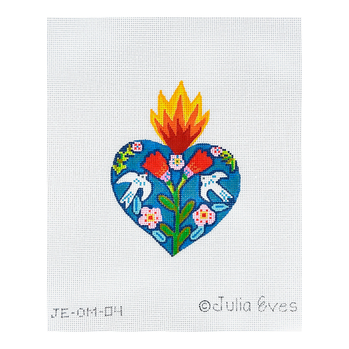 Kate Dickerson Needlepoint Collections Julia Eves Milagro Heart with Red Flowers Doves and Red Orange Flame Needlepoint Canvas