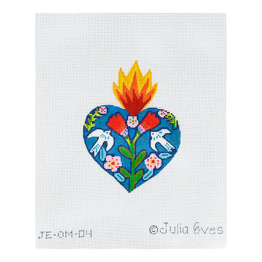 Kate Dickerson Needlepoint Collections Julia Eves Milagro Heart with Red Flowers Doves and Red Orange Flame Needlepoint Canvas
