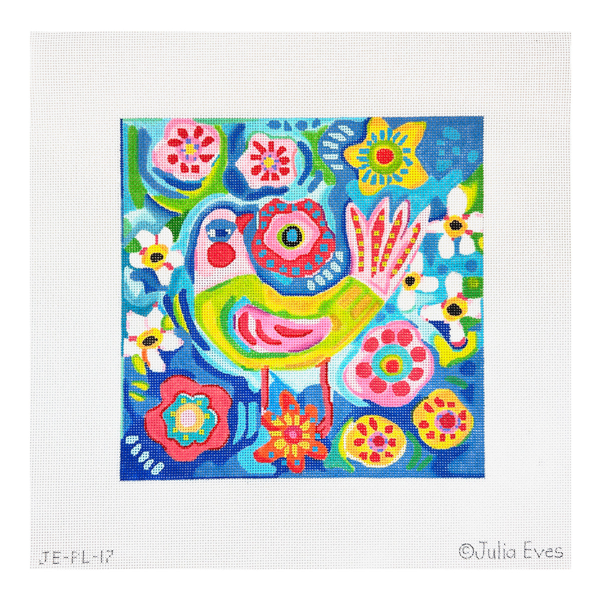 Kate Dickerson Needlepoint Collections Julia Eves Pink and Green Bird with Flowers on Blue Background Needlepoint Canvas