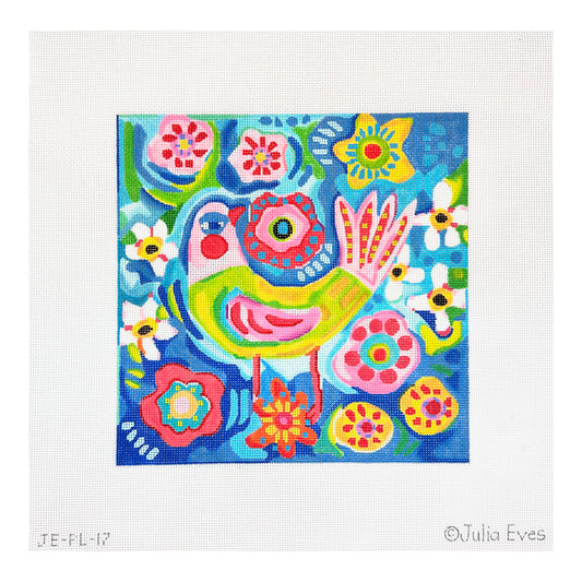 Kate Dickerson Needlepoint Collections Julia Eves Pink and Green Bird with Flowers on Blue Background Needlepoint Canvas