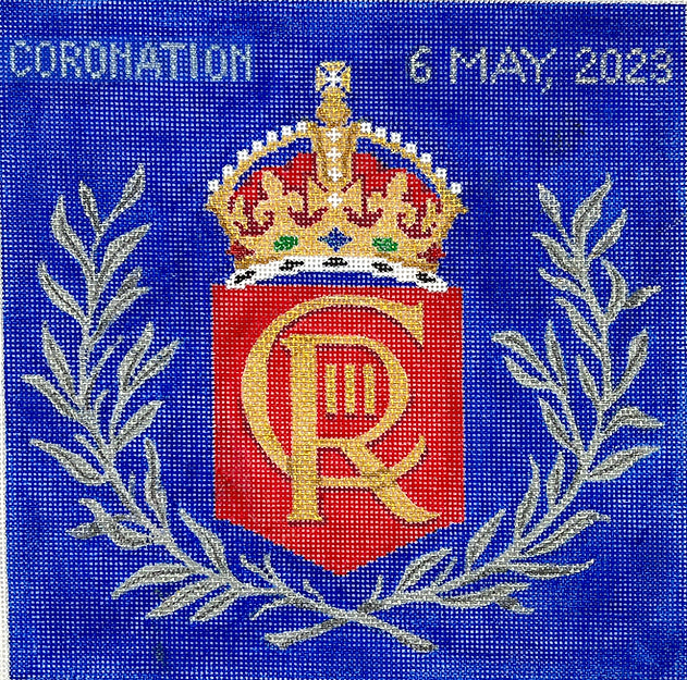 Kate Dickerson Needlepoint Collections King Charles Three Coronation Silver Gold & Multi on Royal Blue Needlepoint Canvas