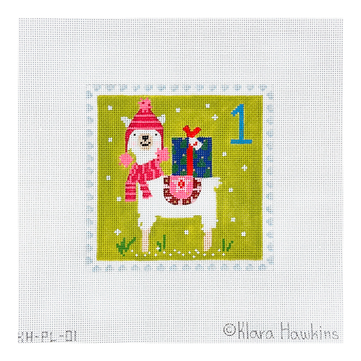 Kate Dickerson Needlepoint Collections Klara Hawkins Advent Stamp One Llama with Gift Needlepoint Canvas
