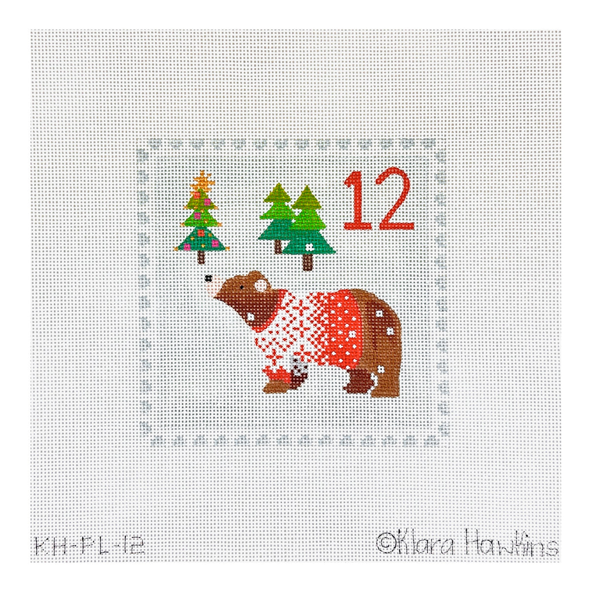 Kate Dickerson Needlepoint Collections Klara Hawkins Advent Stamp Twelve Bear in Sweater Needlepoint Canvas
