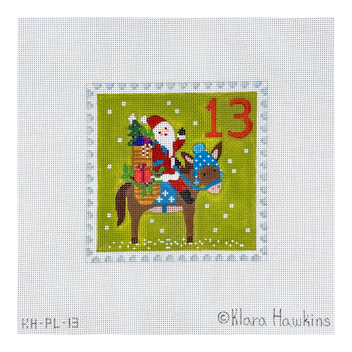 Kate Dickerson Needlepoint Collections Klara Hawkins Advent Stamp Thirteen Santa on Donkey Needlepoint Canvas
