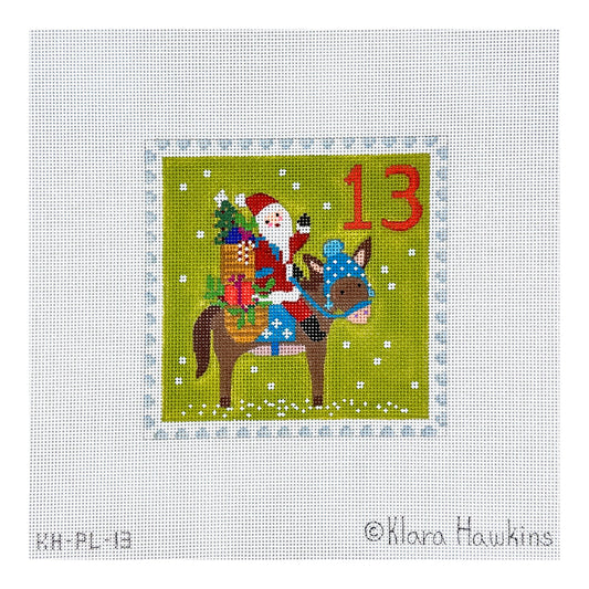 Kate Dickerson Needlepoint Collections Klara Hawkins Advent Stamp Thirteen Santa on Donkey Needlepoint Canvas