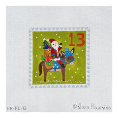 Kate Dickerson Needlepoint Collections Klara Hawkins Advent Stamp Thirteen Santa on Donkey Needlepoint Canvas
