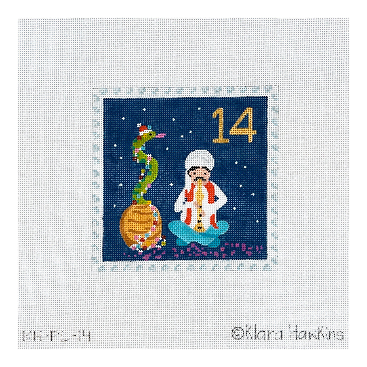 Kate Dickerson Needlepoint Collections Klara Hawkins Advent Stamp Fourteen Snake Charmer Needlepoint Canvas