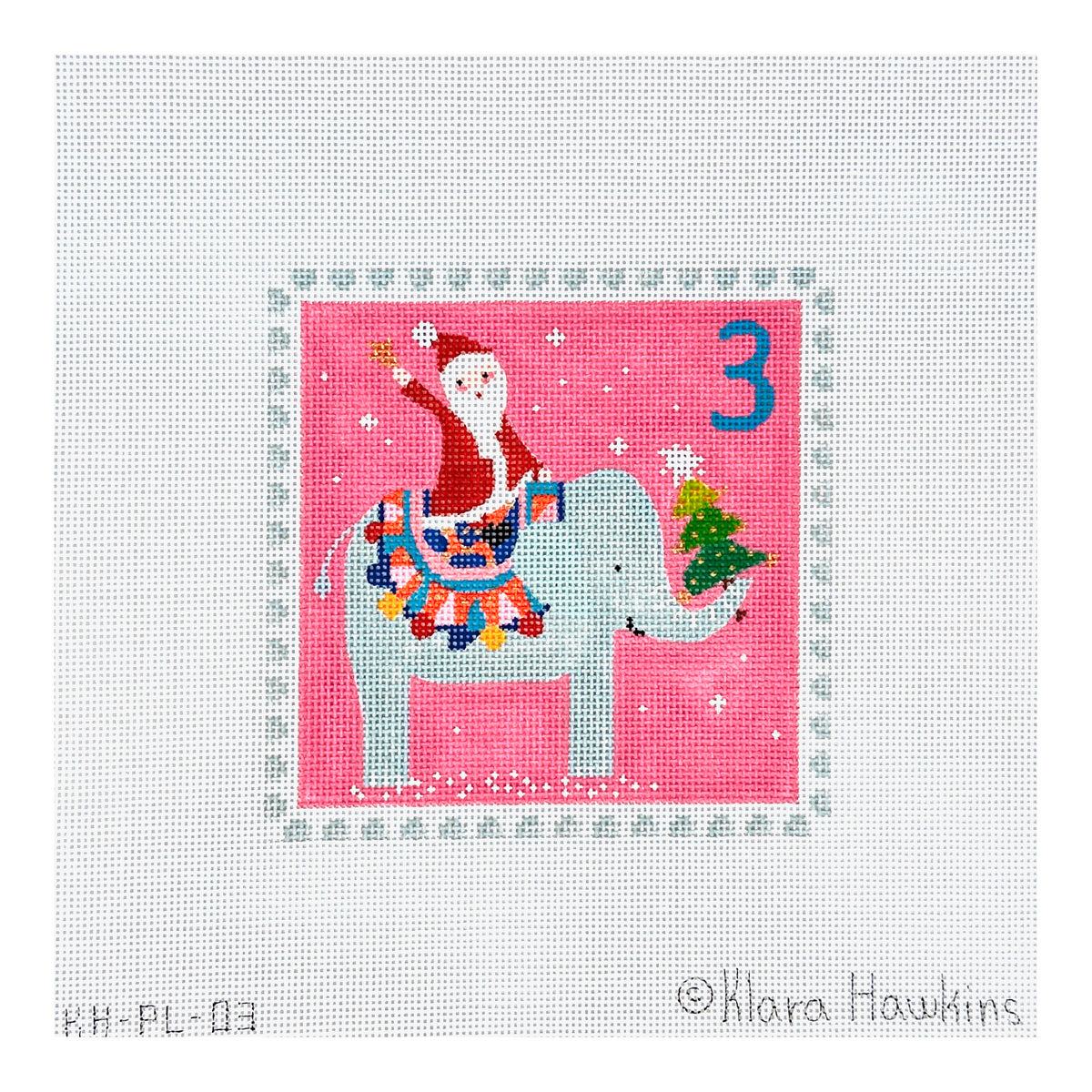 Kate Dickerson Needlepoint Collections Klara Hawkins Advent Stamp Three Santa on Elephant Needlepoint Canvas