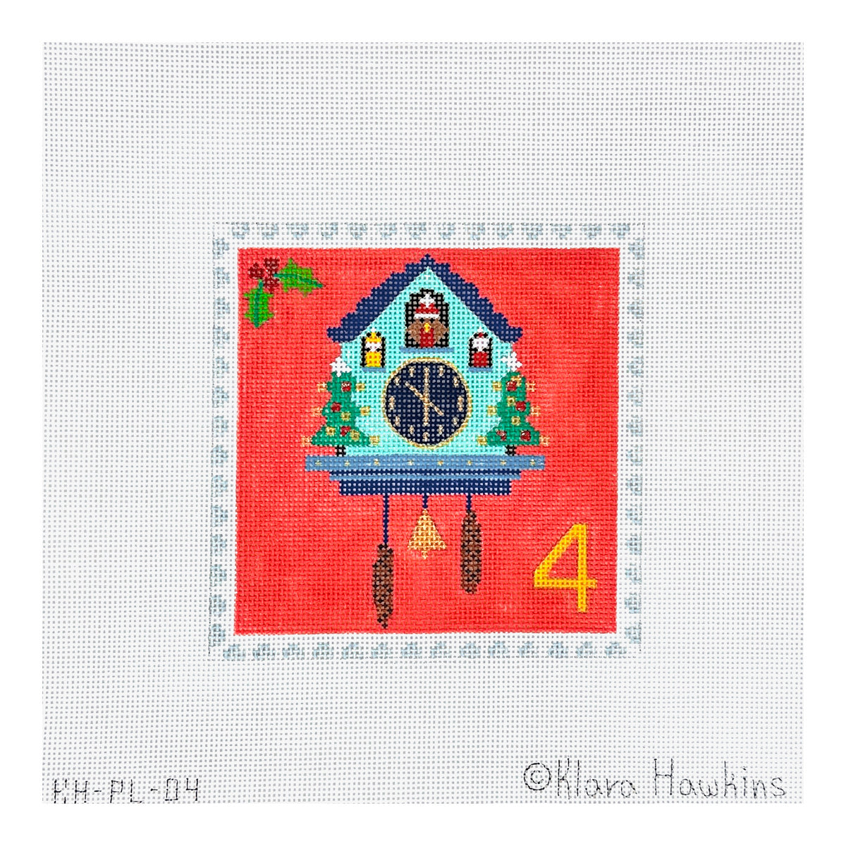 Kate Dickerson Needlepoint Collections Klara Hawkins Advent Stamp Four Cuckoo Clock Needlepoint Canvas
