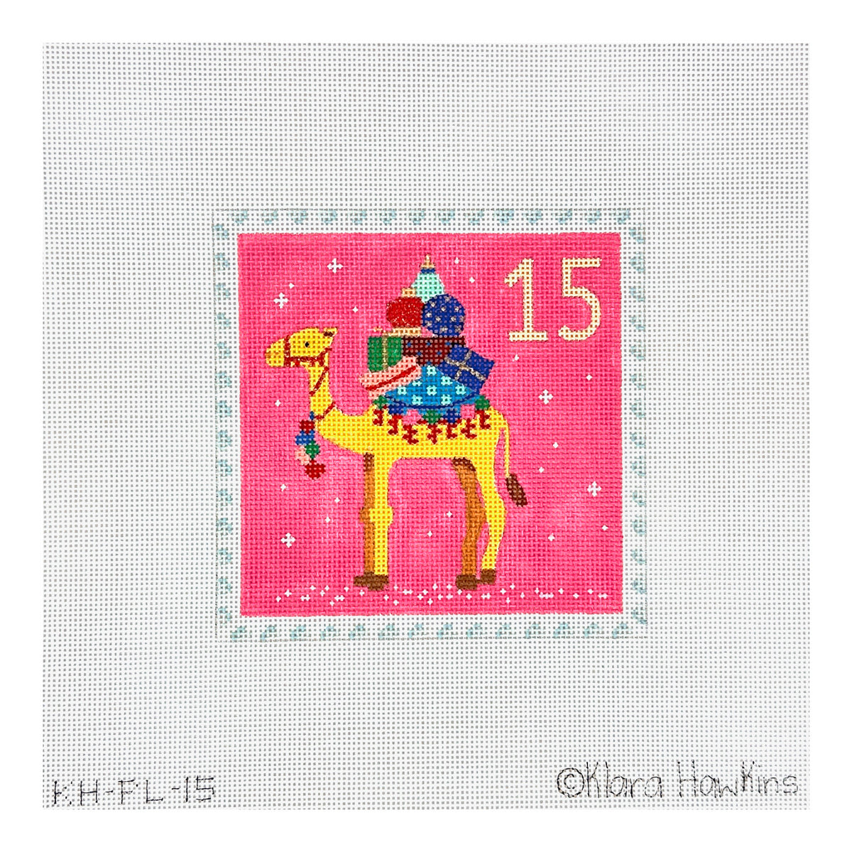 Kate Dickerson Needlepoint Collections Klara Hawkins Advent Stamp Camel with Gifts Needlepoint Canvas
