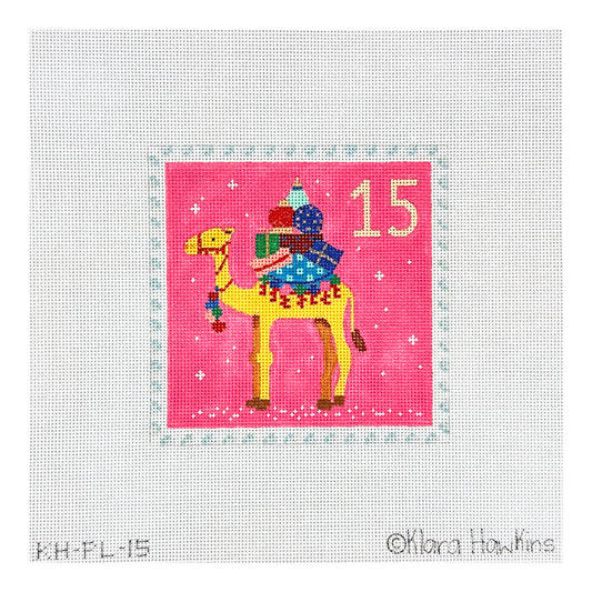 Kate Dickerson Needlepoint Collections Klara Hawkins Advent Stamp Camel with Gifts Needlepoint Canvas