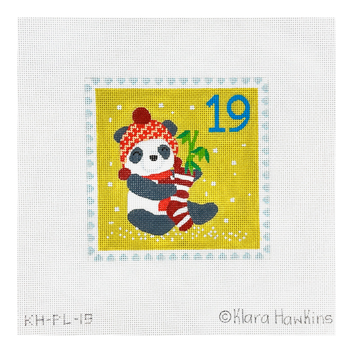 Kate Dickerson Needlepoint Collections Klara Hawkins Advent Stamp Panda with Stocking Needlepoint Canvas
