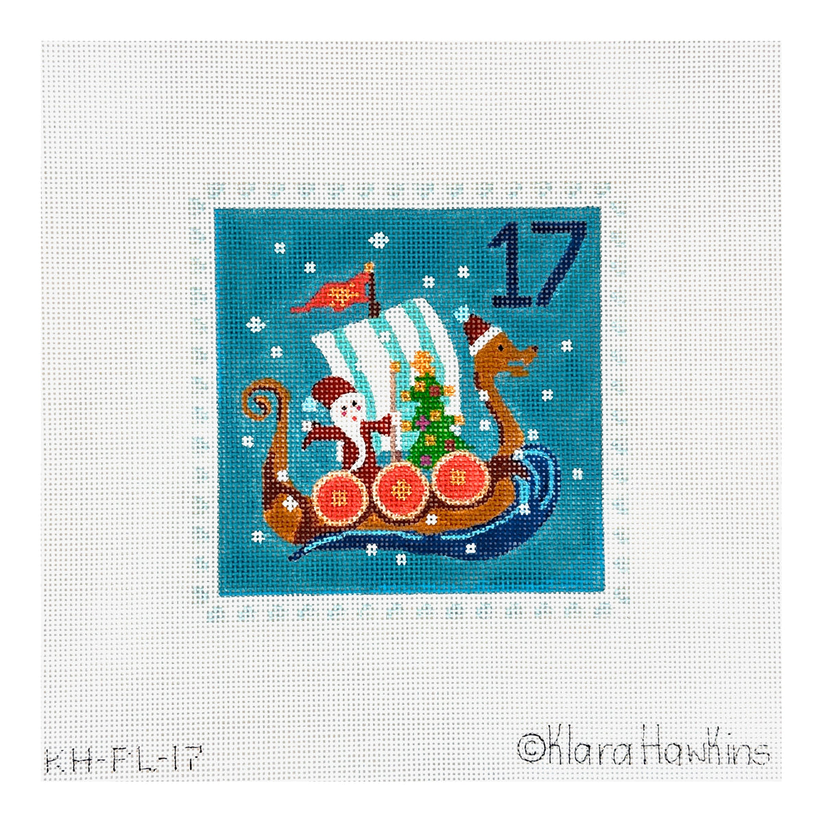 Kate Dickerson Needlepoint Collections Klara Hawkins Advent Stamp Santa in Ship Needlepoint Canvas