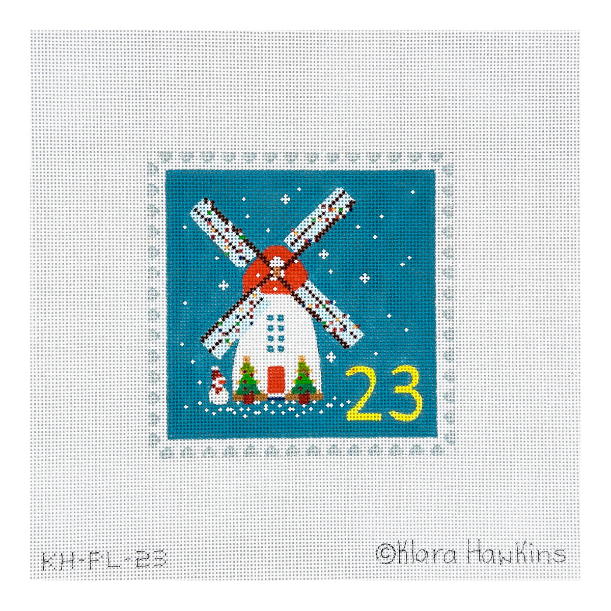 Kate Dickerson Needlepoint Collections Klara Hawkins Advent Stamp Windmill with Snowman Needlepoint Canvas