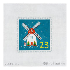 Kate Dickerson Needlepoint Collections Klara Hawkins Advent Stamp Windmill with Snowman Needlepoint Canvas