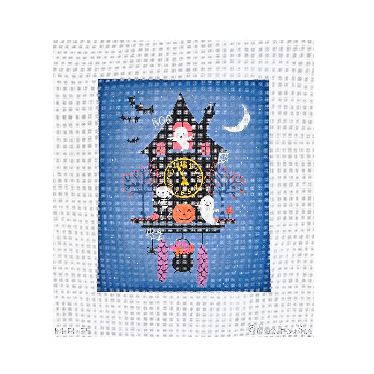 Kate Dickerson Needlepoint Collections Klara Hawkins Halloween Clock with Ghosts and Skeleton Needlepoint Canvas