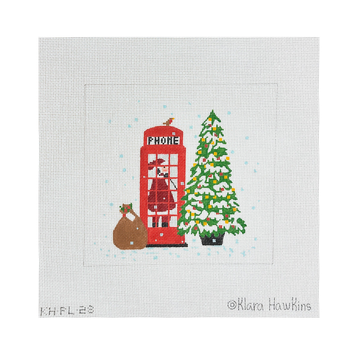 Kate Dickerson Needlepoint Collections Klara Hawkins London Christmas Santa in Phone Booth Needlepoint Canvas