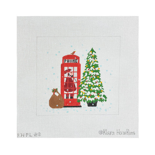 Kate Dickerson Needlepoint Collections Klara Hawkins London Christmas Santa in Phone Booth Needlepoint Canvas
