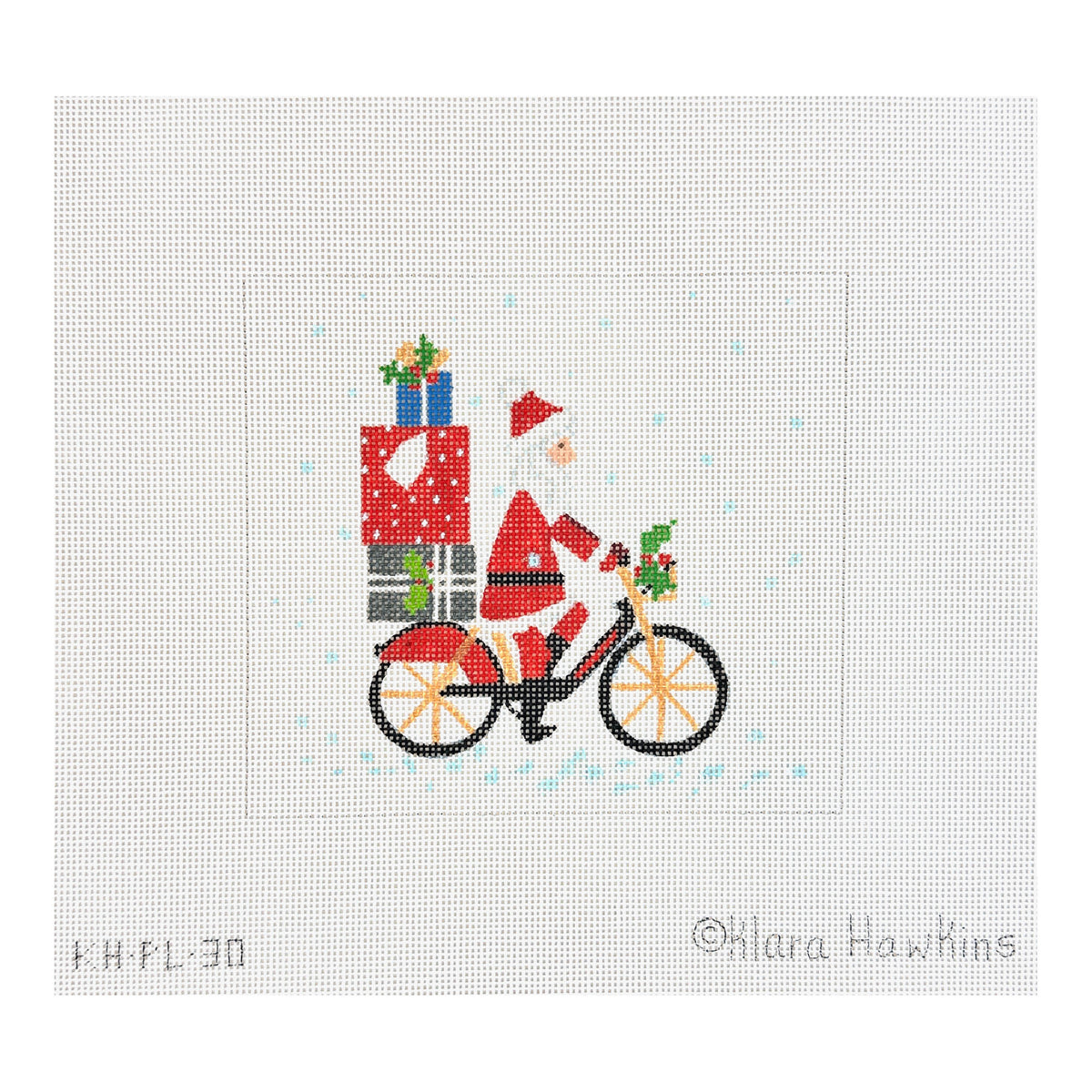 Kate Dickerson Needlepoint Collections Klara Hawkins London Christmas Santa on Bicycle Needlepoint Canvas